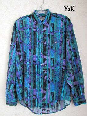 MEN'S SHIRT, S-M 1990s WILD, VINTAGE AQUA BLACK GREEN LONG SLEEVE w COLLAR